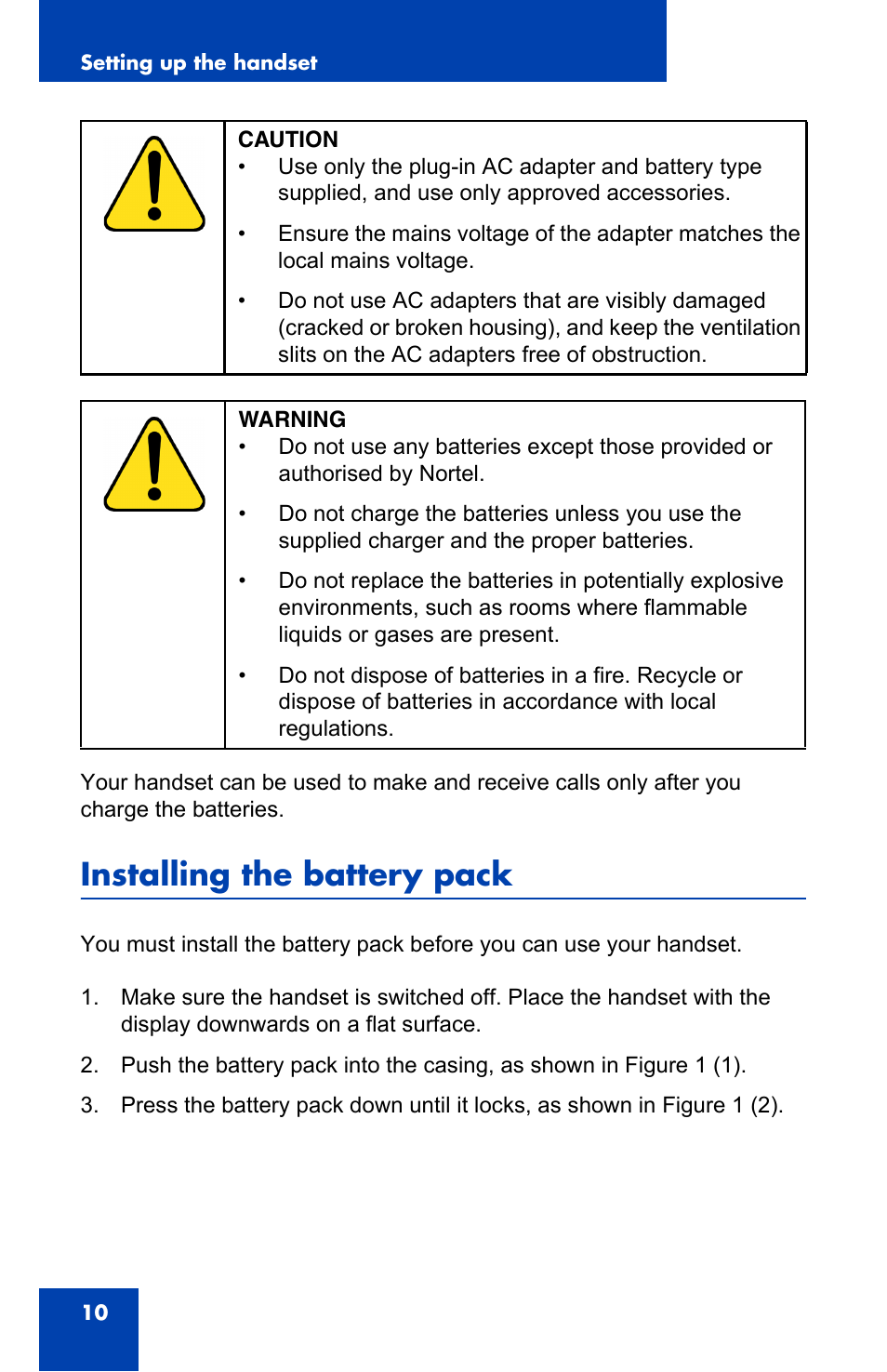 Installing the battery pack | Nortel Networks 4065R User Manual | Page 10 / 92