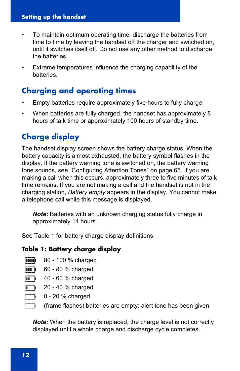 Charging and operating times, Charge display | Nortel Networks 4065R User Manual | Page 12 / 92