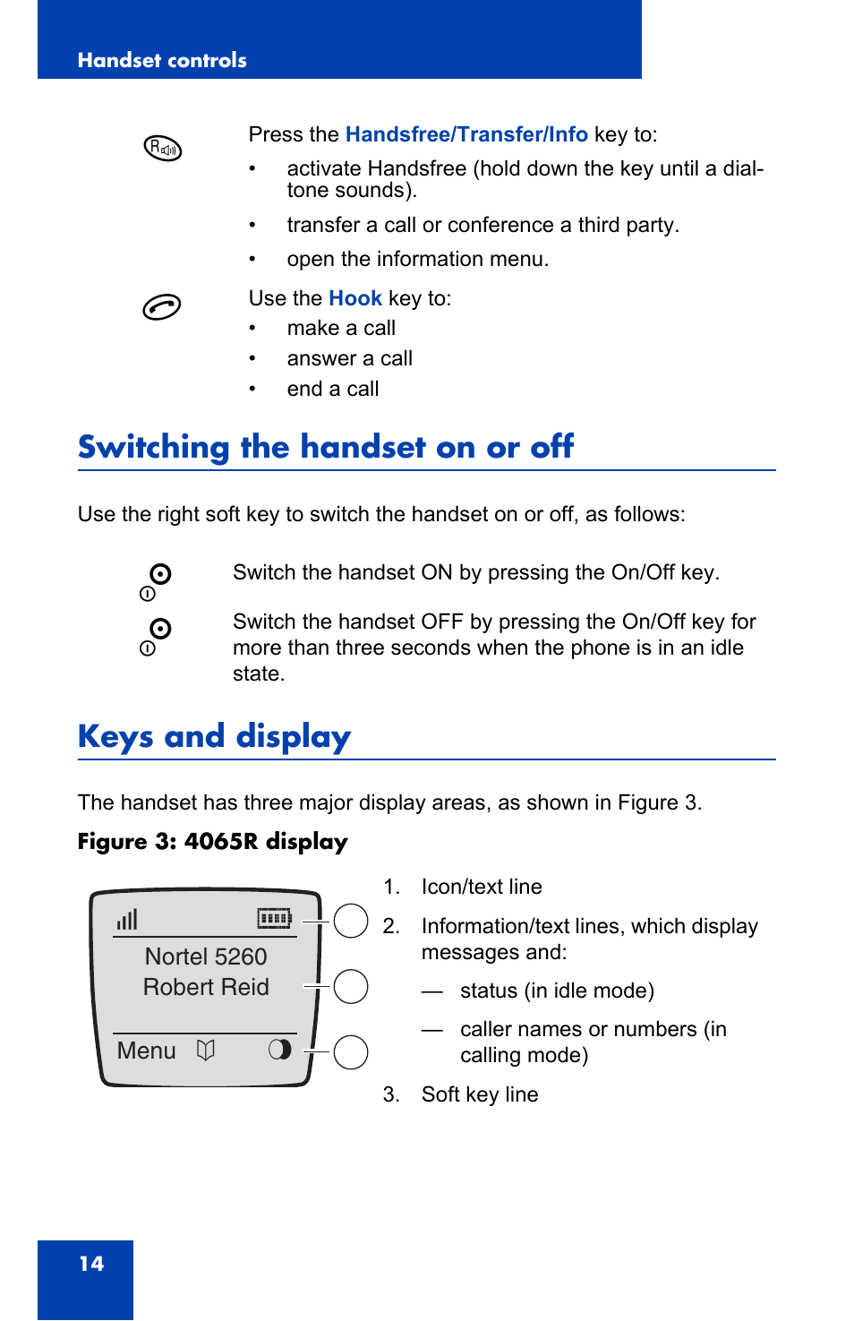 Switching the handset on or off, Keys and display | Nortel Networks 4065R User Manual | Page 14 / 92