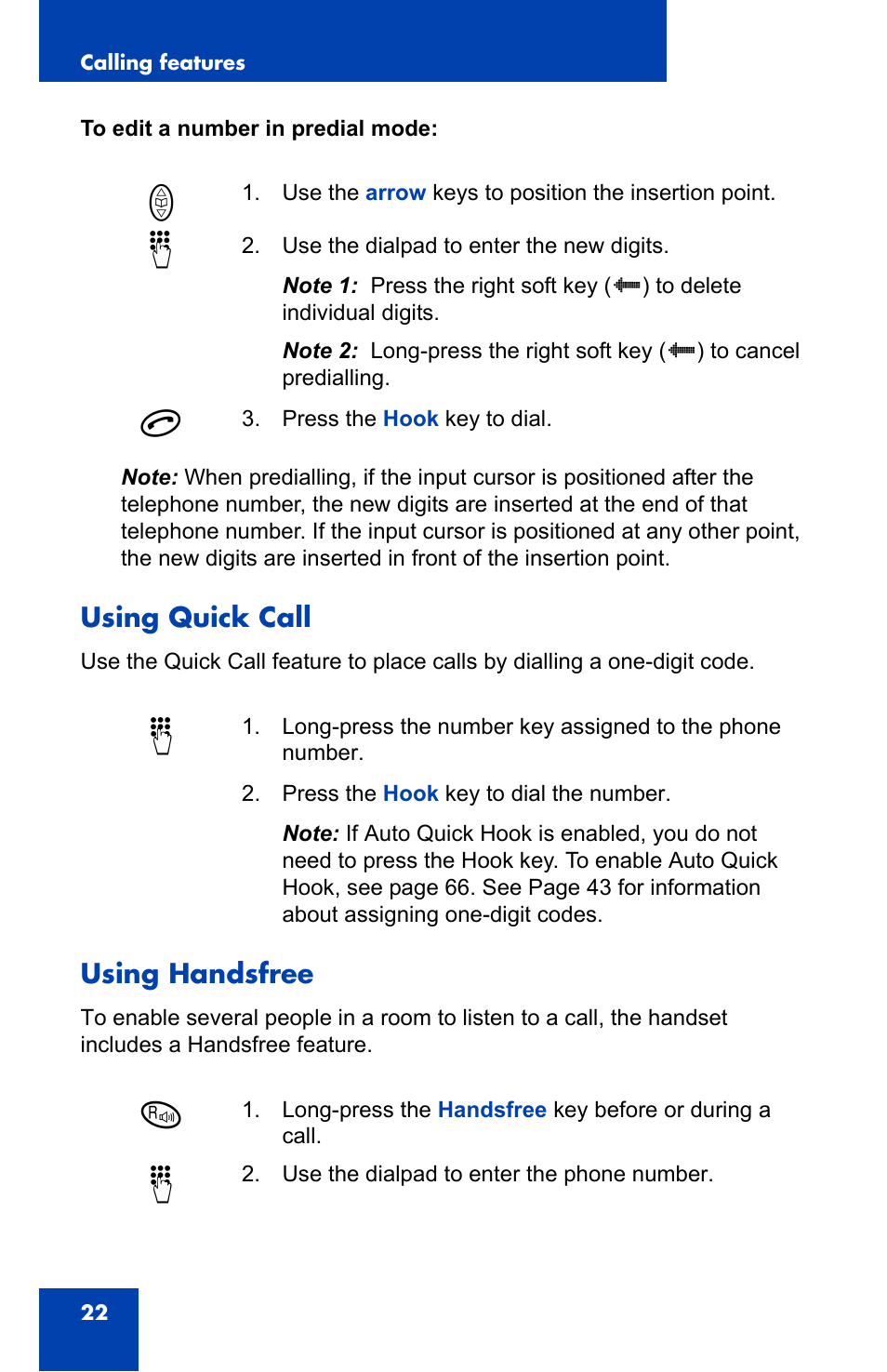 Using quick call, Using handsfree, Nd : d o d | Nortel Networks 4065R User Manual | Page 22 / 92