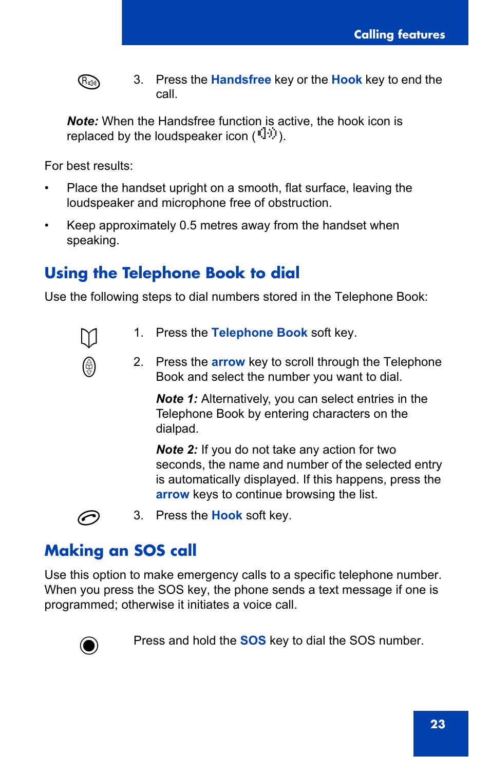 Using the telephone book to dial, Making an sos call, Ob n | Nortel Networks 4065R User Manual | Page 23 / 92