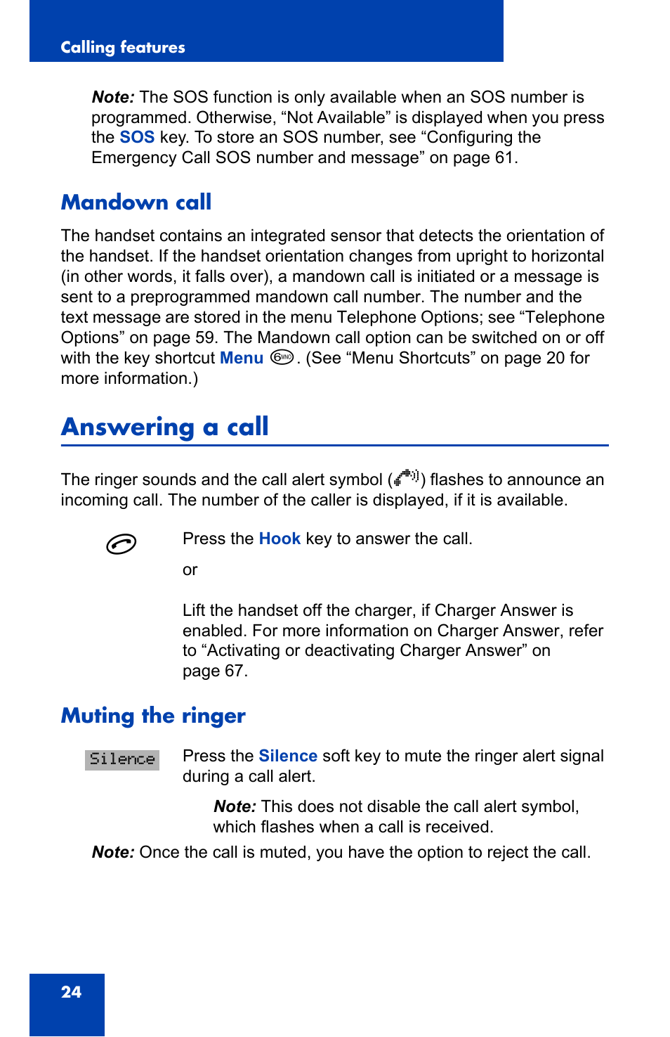 Mandown call, Answering a call, Muting the ringer | Nortel Networks 4065R User Manual | Page 24 / 92