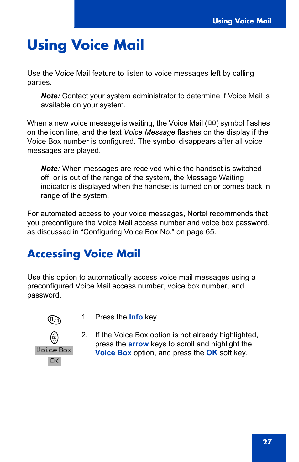 Using voice mail, Accessing voice mail | Nortel Networks 4065R User Manual | Page 27 / 92