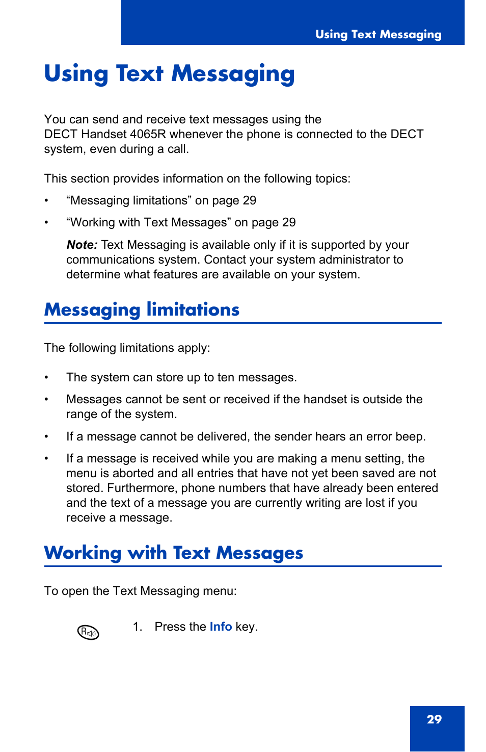 Using text messaging, Messaging limitations, Working with text messages | Nortel Networks 4065R User Manual | Page 29 / 92