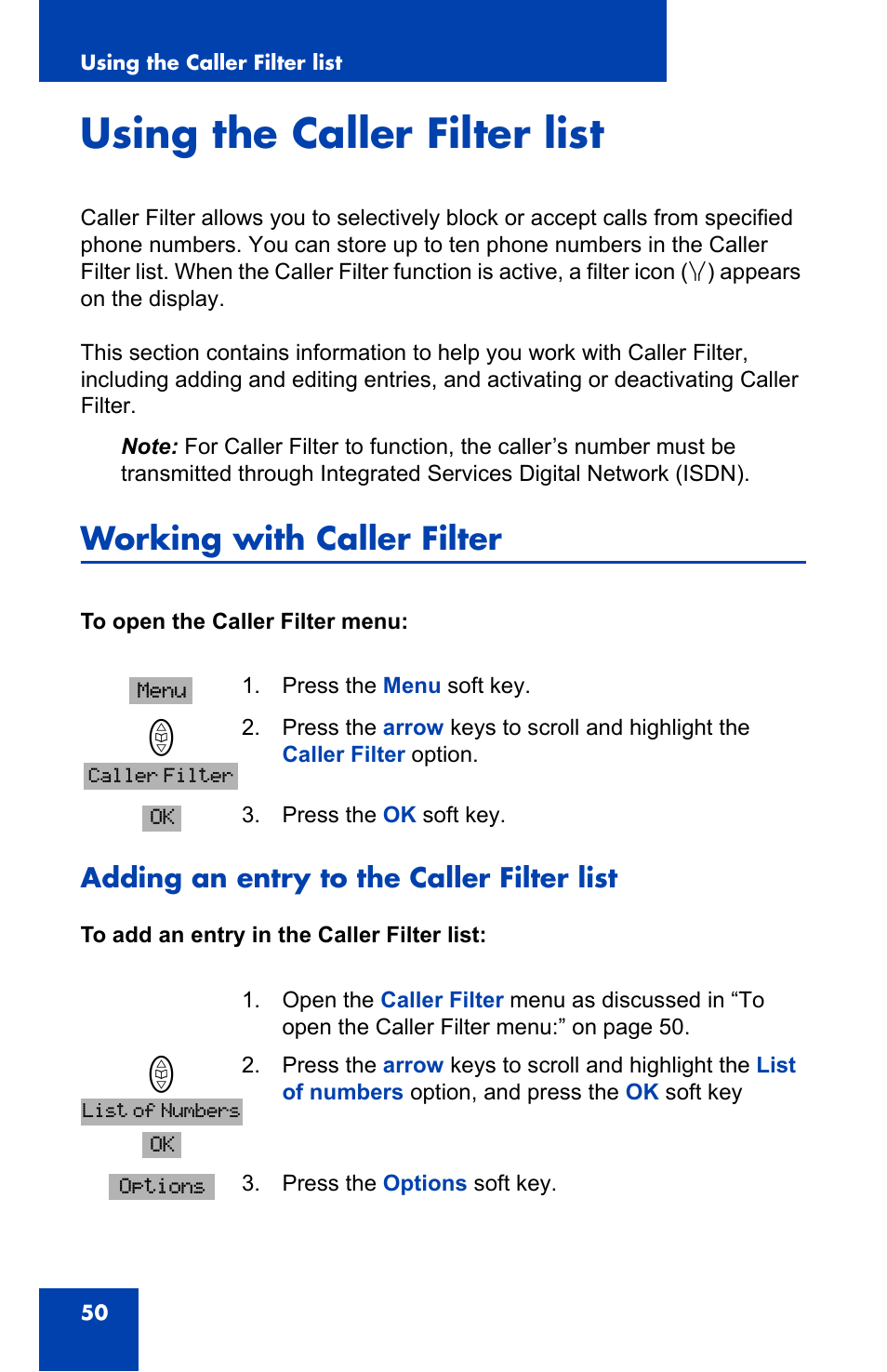 Using the caller filter list, Working with caller filter, Adding an entry to the caller filter list | Nortel Networks 4065R User Manual | Page 50 / 92