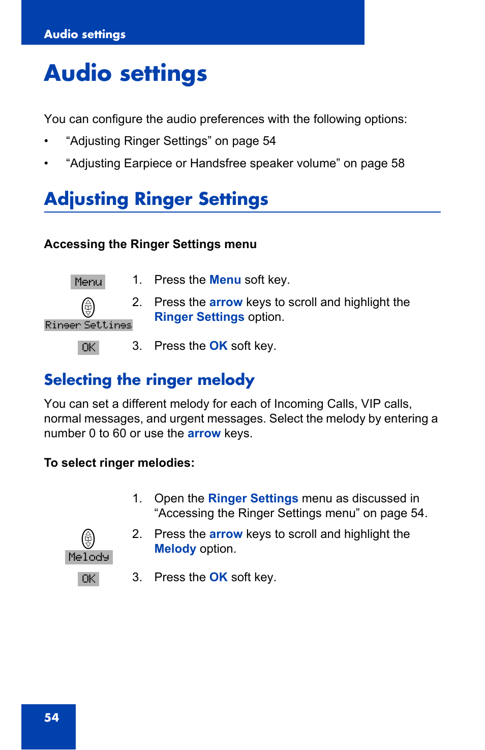 Audio settings, Adjusting ringer settings, Selecting the ringer melody | Nortel Networks 4065R User Manual | Page 54 / 92