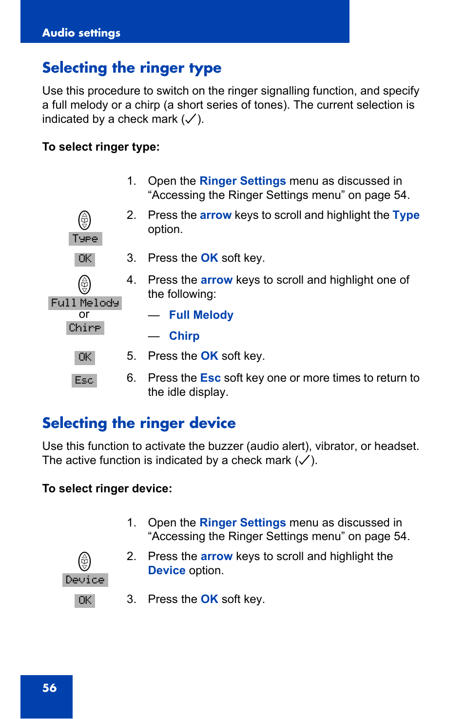 Selecting the ringer type, Selecting the ringer device | Nortel Networks 4065R User Manual | Page 56 / 92