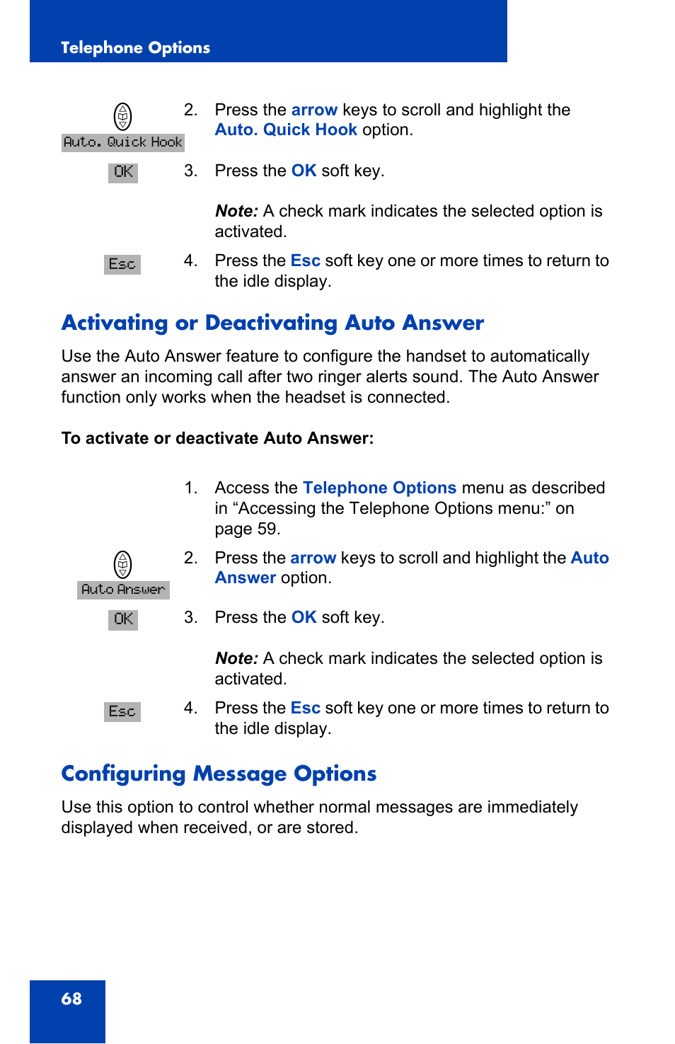Activating or deactivating auto answer, Configuring message options | Nortel Networks 4065R User Manual | Page 68 / 92