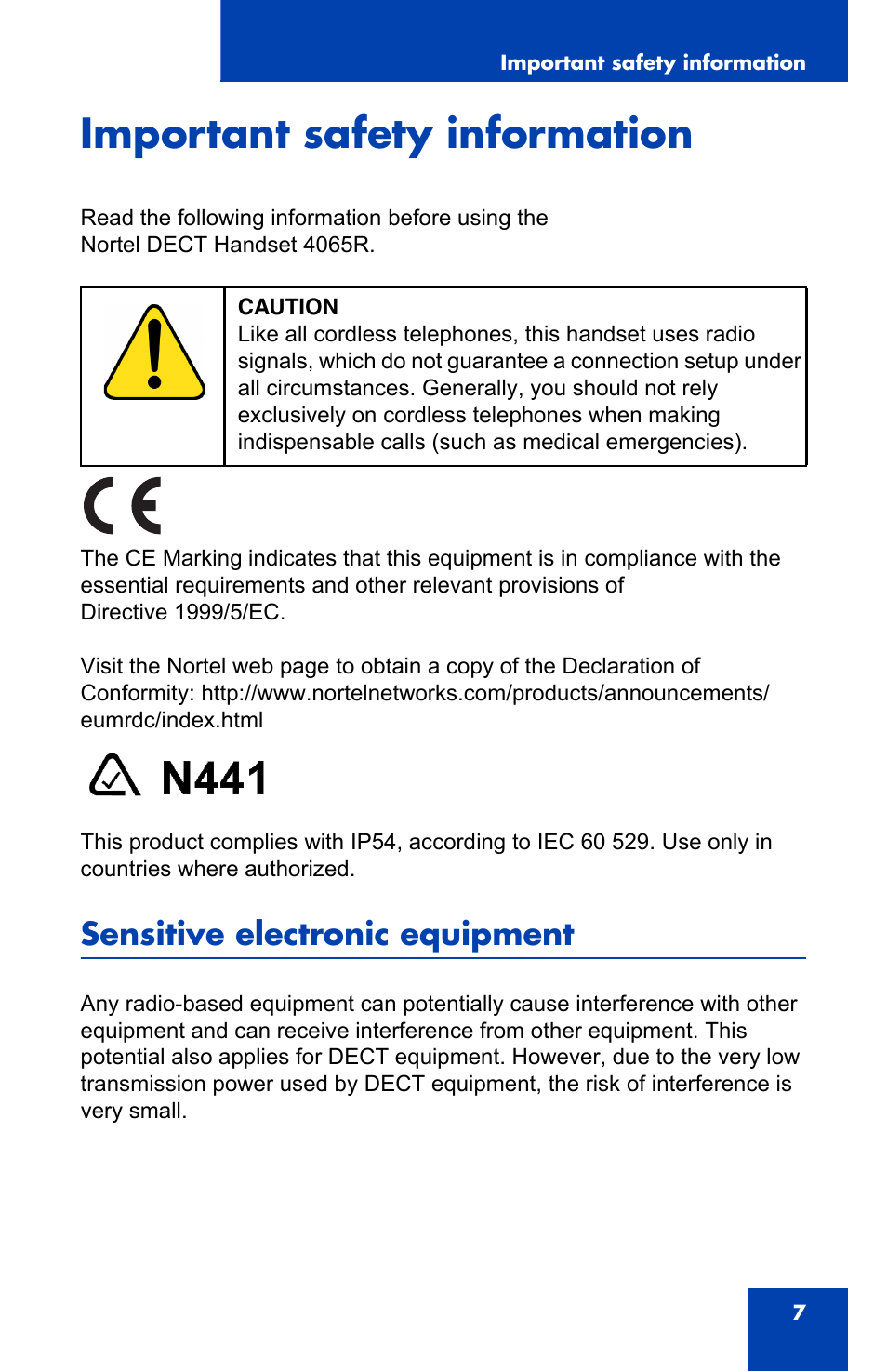 Important safety information, Sensitive electronic equipment | Nortel Networks 4065R User Manual | Page 7 / 92