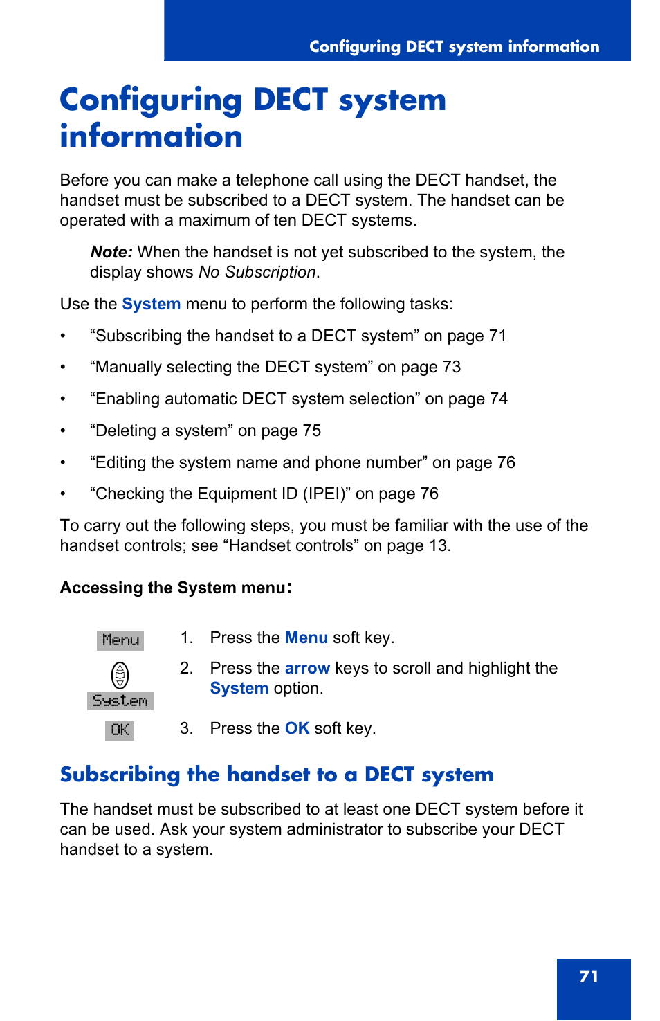 Configuring dect system information, Subscribing the handset to a dect system | Nortel Networks 4065R User Manual | Page 71 / 92