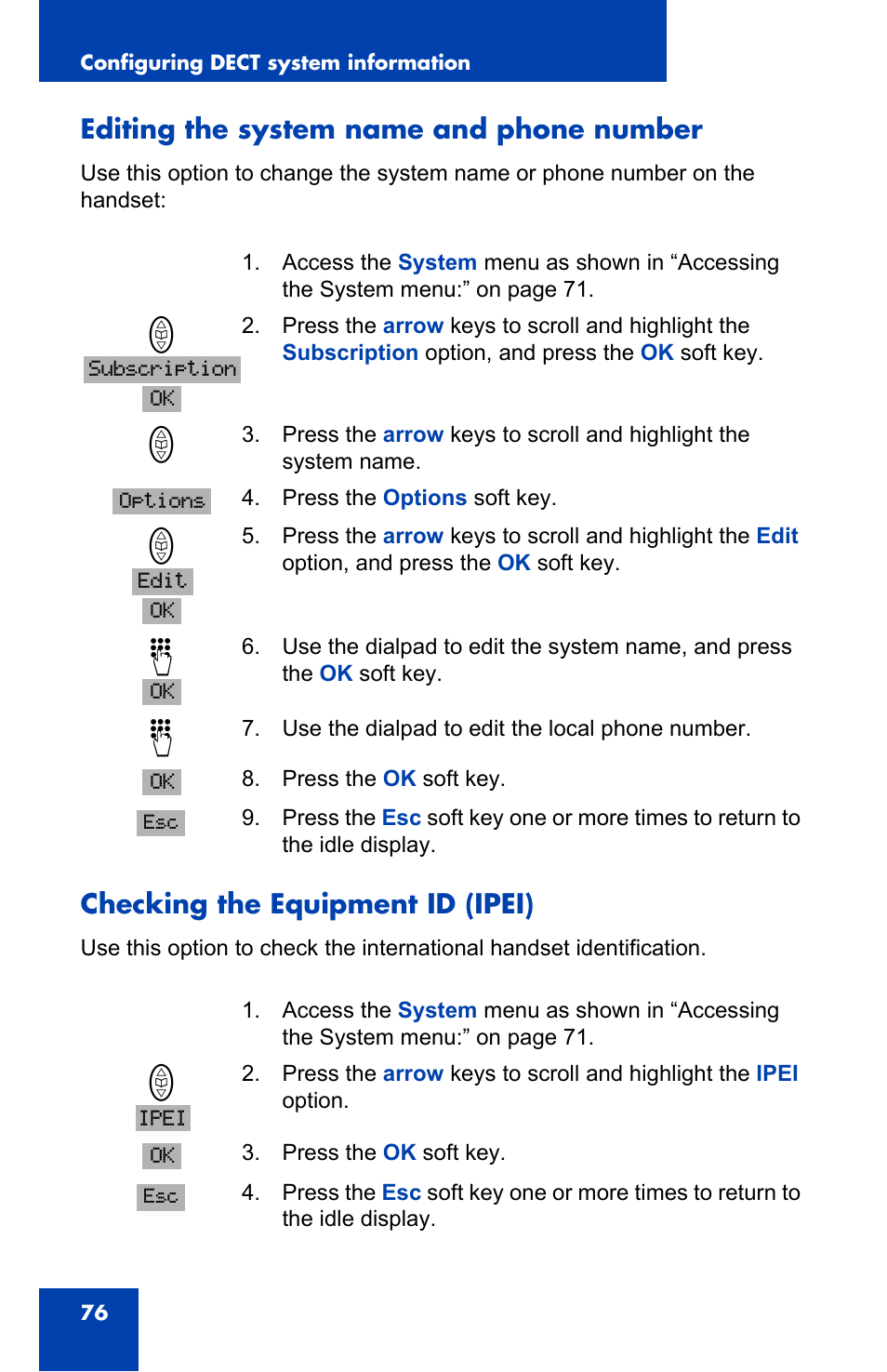 Editing the system name and phone number, Checking the equipment id (ipei) | Nortel Networks 4065R User Manual | Page 76 / 92
