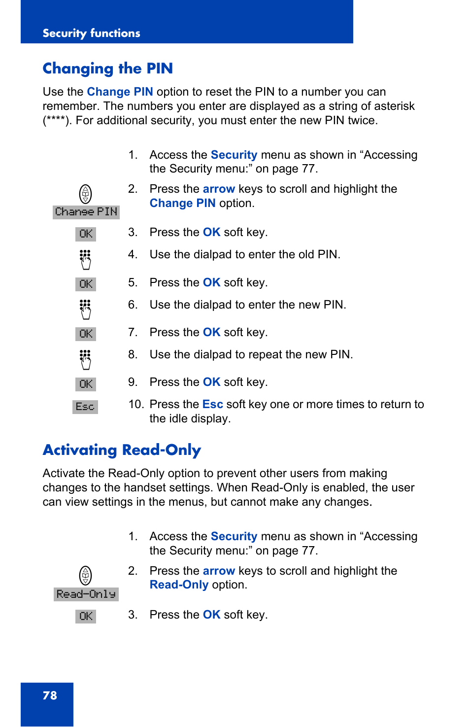 Changing the pin, Activating read-only | Nortel Networks 4065R User Manual | Page 78 / 92