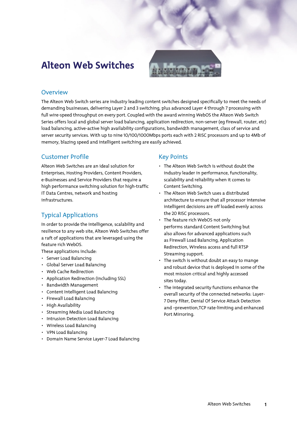 Alteon web switches, Customer profile, Typical applications | Key points, Overview | Nortel Networks 7400 User Manual | Page 10 / 252