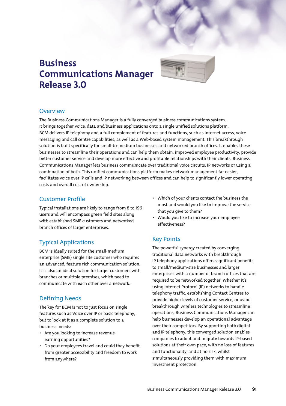 Business communications manager release 3.0, Overview, Customer profile | Typical applications, Defining needs, Key points | Nortel Networks 7400 User Manual | Page 100 / 252