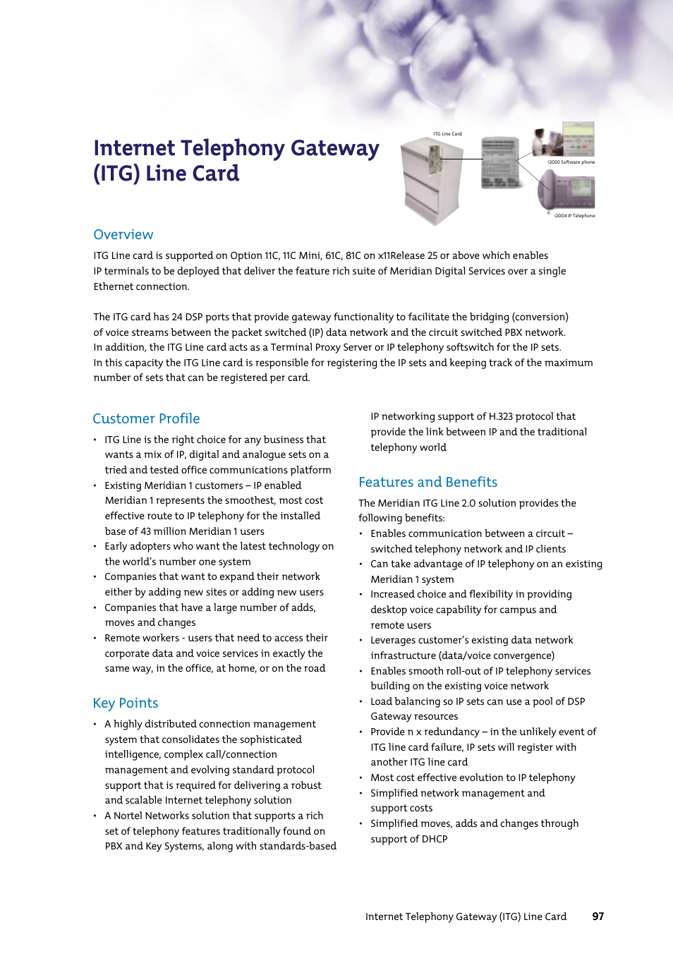 Internet telephony gateway (itg) line card, Customer profile, Key points | Features and benefits, Overview | Nortel Networks 7400 User Manual | Page 106 / 252