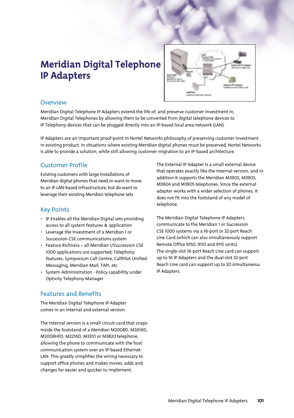 Meridian digital telephone ip adapters, Overview, Customer profile | Key points, Features and benefits | Nortel Networks 7400 User Manual | Page 110 / 252