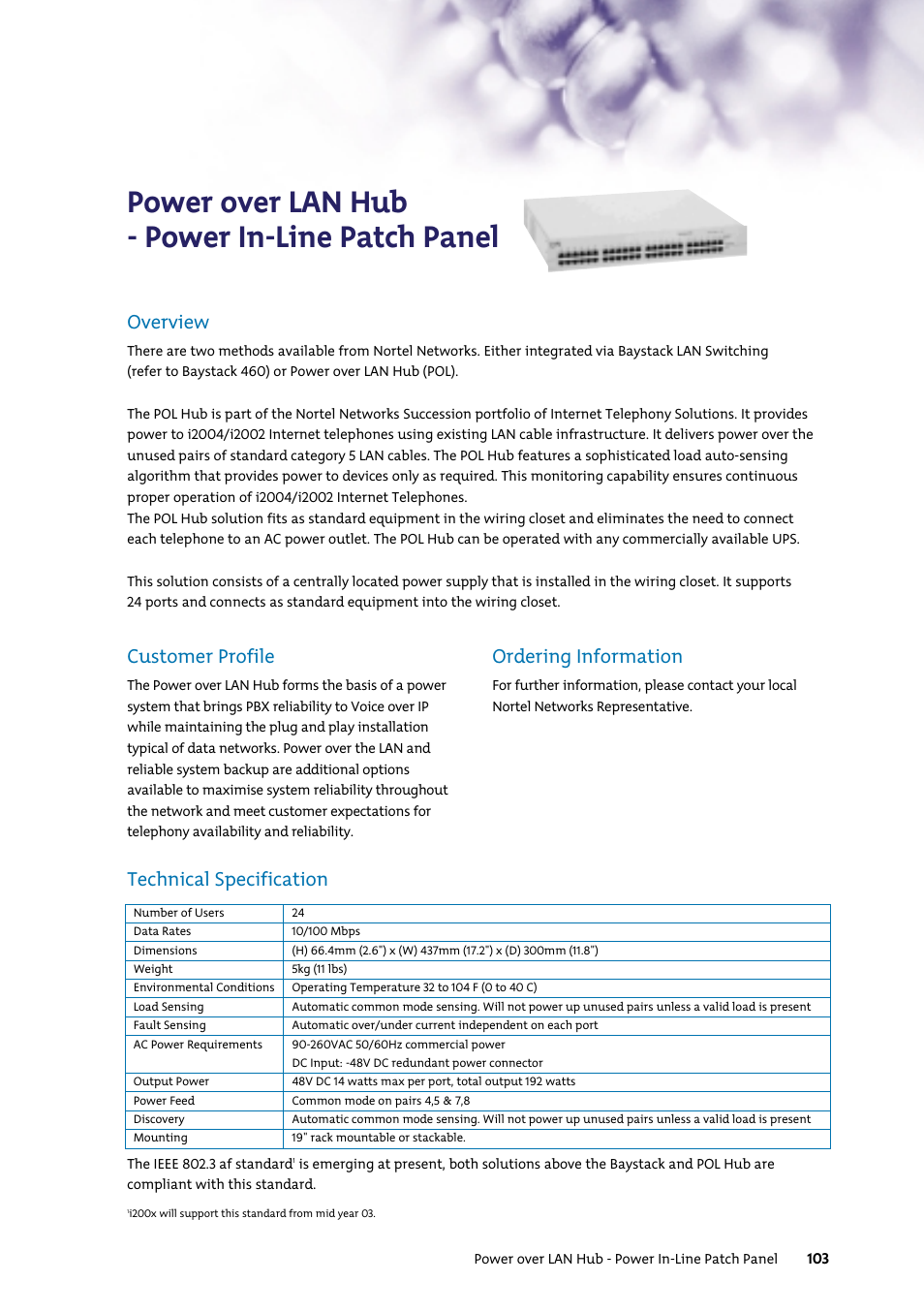 Power over lan hub - power in-line patch panel, Overview, Customer profile | Technical specification ordering information | Nortel Networks 7400 User Manual | Page 112 / 252