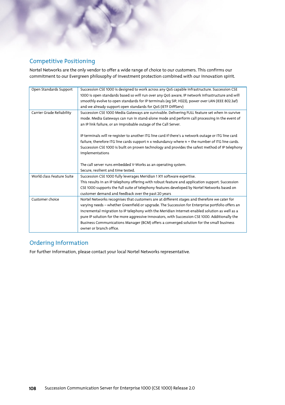 Competitive positioning, Ordering information | Nortel Networks 7400 User Manual | Page 117 / 252