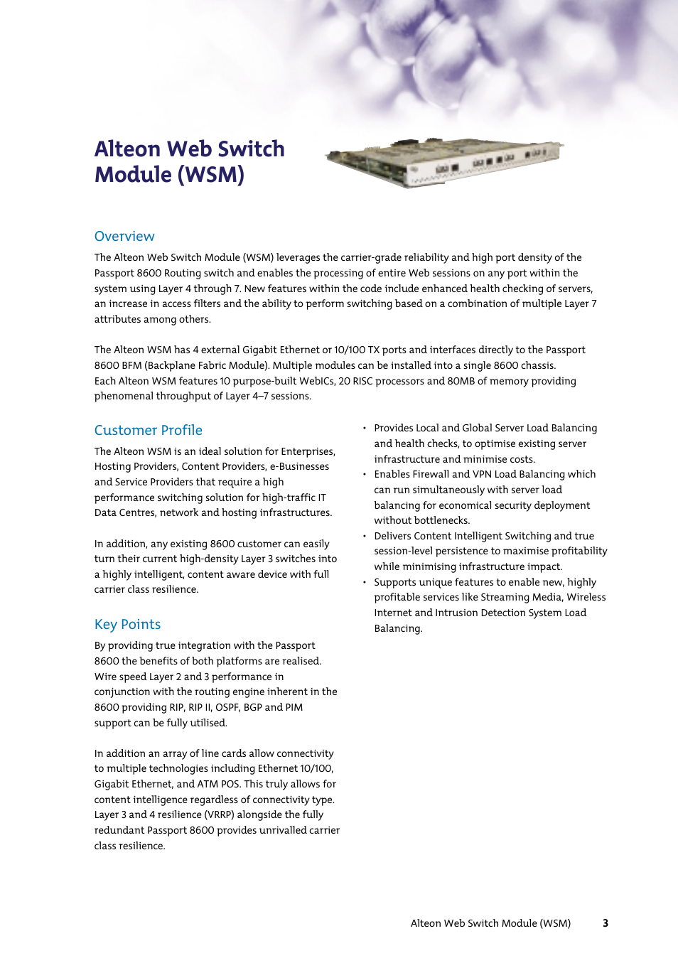 Alteon web switch module (wsm), Customer profile, Key points | Overview | Nortel Networks 7400 User Manual | Page 12 / 252