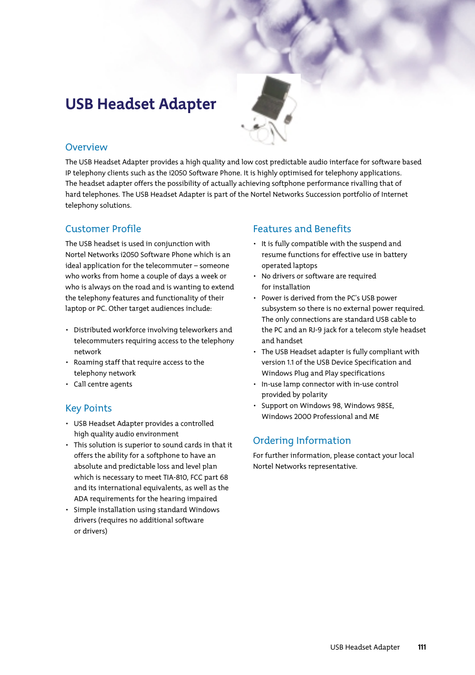 Usb headset adapter, Overview, Customer profile | Key points, Features and benefits, Ordering information | Nortel Networks 7400 User Manual | Page 120 / 252