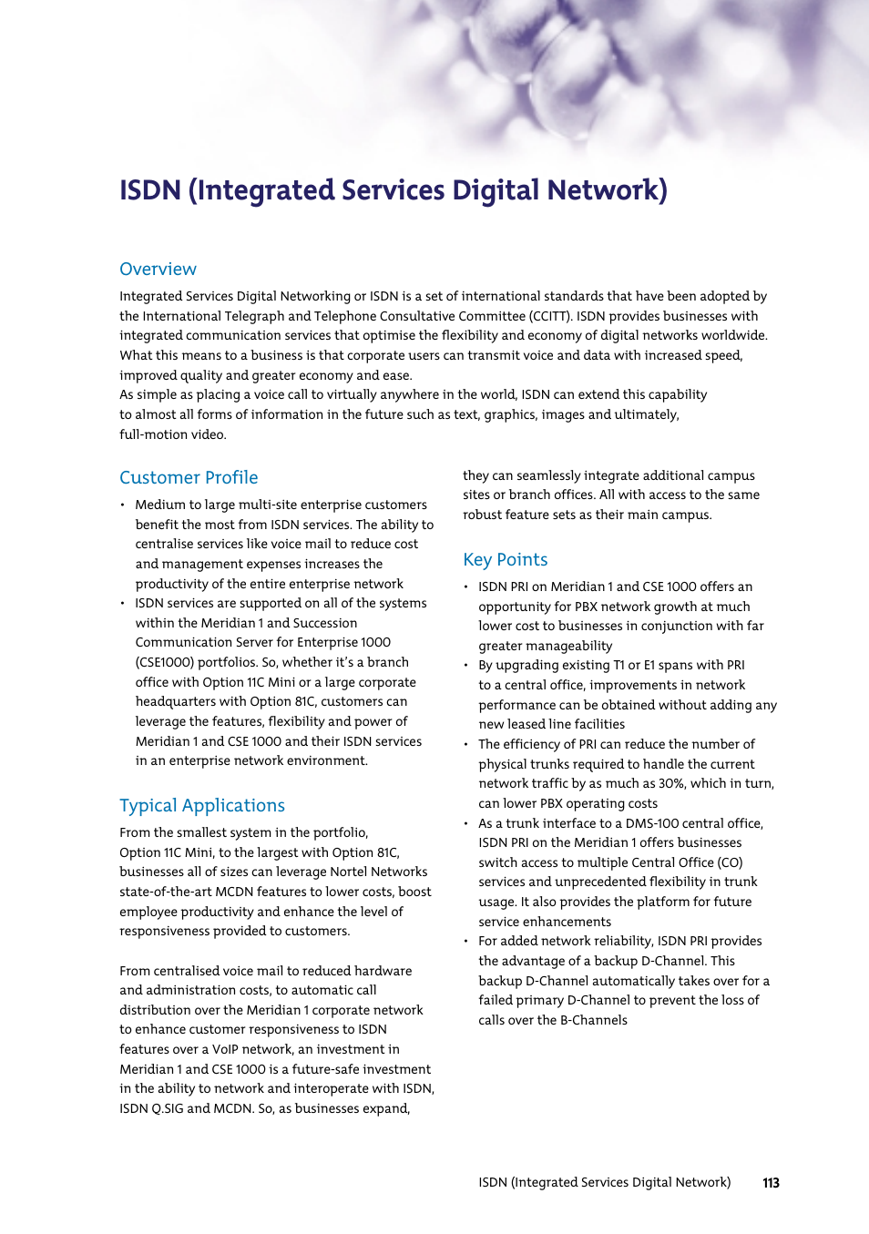 Isdn (integrated services digital network), Overview, Customer profile | Typical applications, Key points | Nortel Networks 7400 User Manual | Page 122 / 252