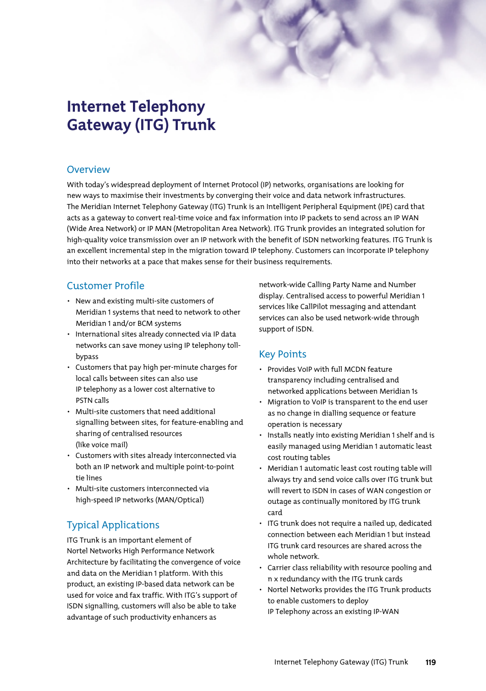 Internet telephony gateway (itg) trunk, Overview, Customer profile | Typical applications, Key points | Nortel Networks 7400 User Manual | Page 128 / 252