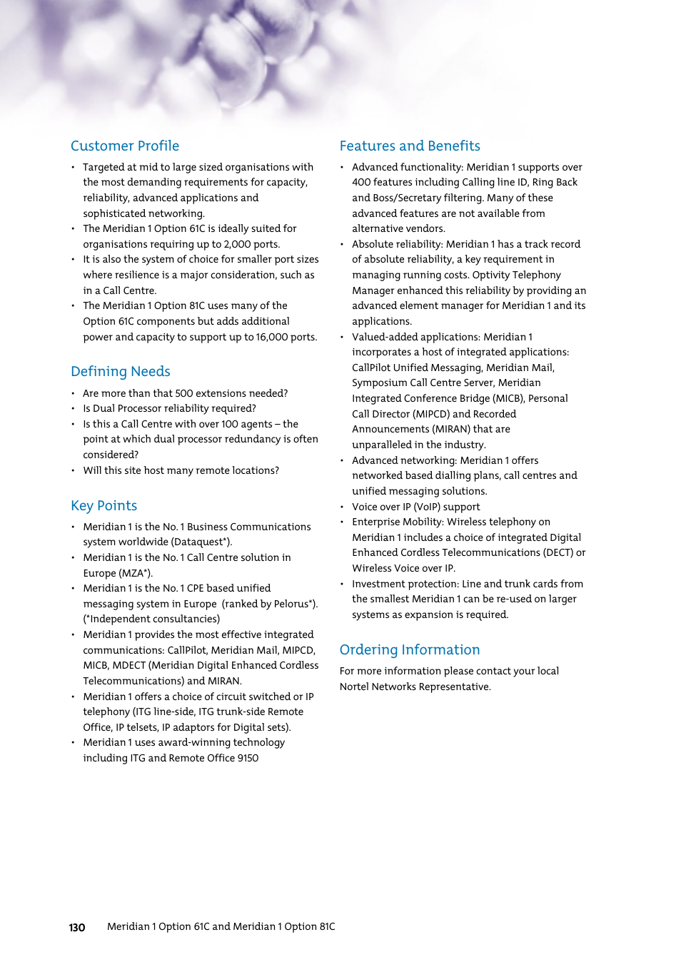 Customer profile, Defining needs, Key points | Features and benefits, Ordering information | Nortel Networks 7400 User Manual | Page 139 / 252