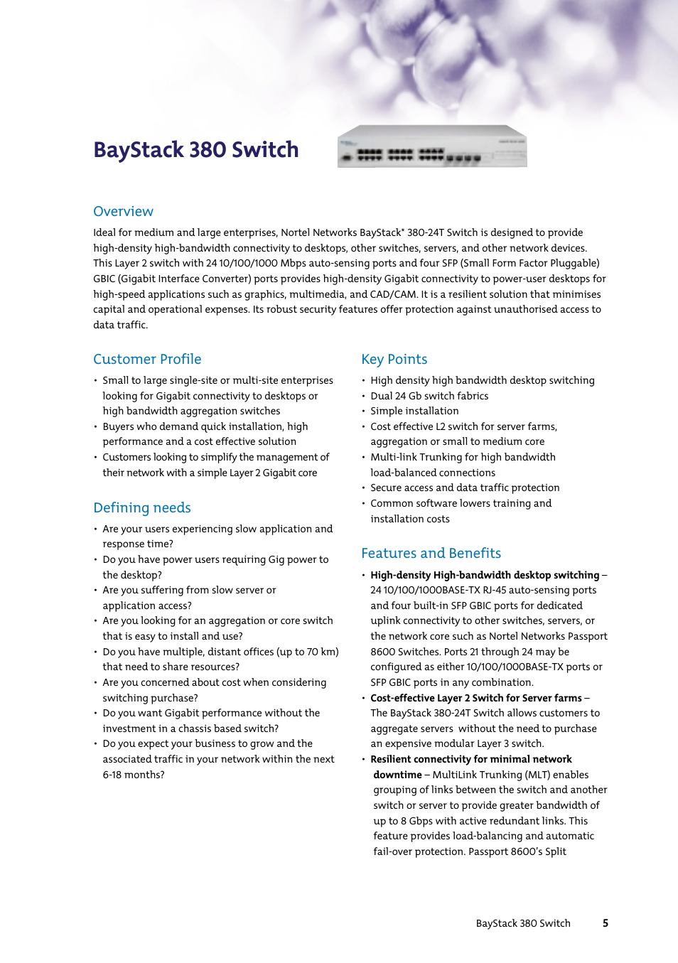 Baystack 380 switch, Overview, Customer profile | Defining needs, Key points, Features and benefits | Nortel Networks 7400 User Manual | Page 14 / 252