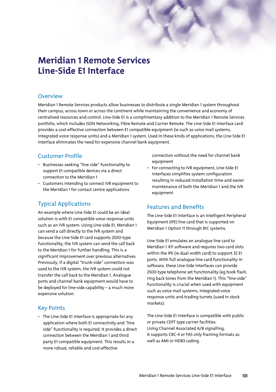 Meridian 1 remote services line-side e1 interface, Overview, Customer profile | Typical applications, Key points, Features and benefits | Nortel Networks 7400 User Manual | Page 140 / 252