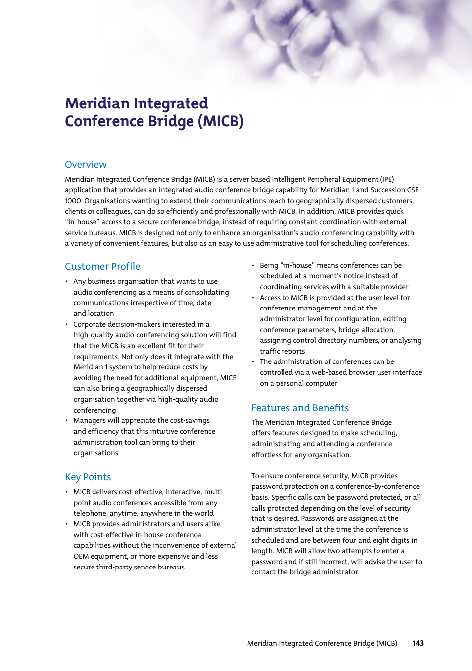Meridian integrated conference bridge (micb), Customer profile, Key points | Features and benefits, Overview | Nortel Networks 7400 User Manual | Page 152 / 252