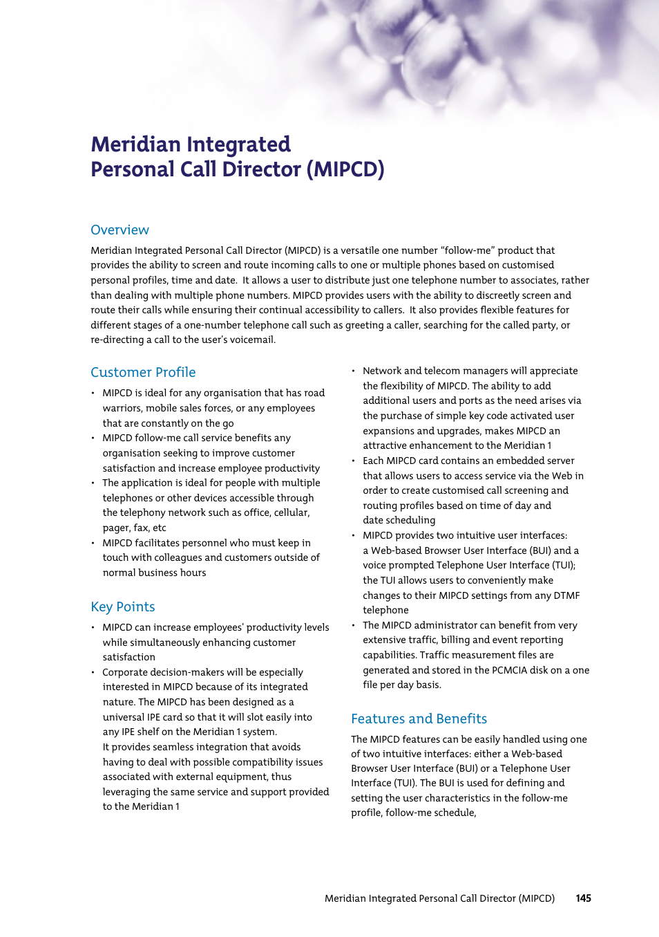 Meridian integrated personal call director (mipcd), Customer profile, Key points | Features and benefits, Overview | Nortel Networks 7400 User Manual | Page 154 / 252