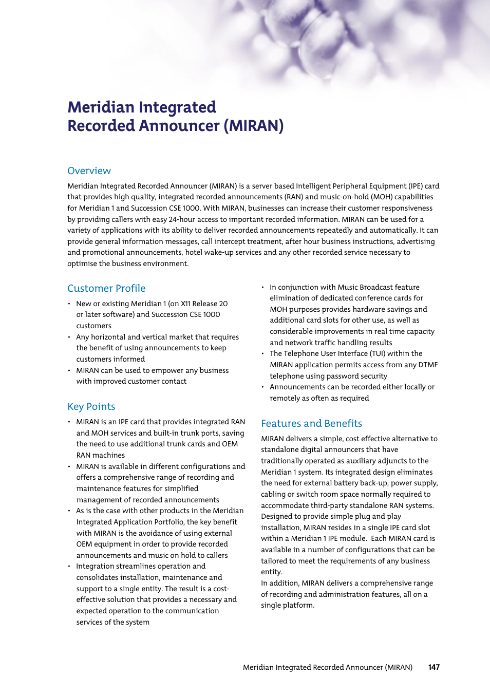 Meridian integrated recorded announcer (miran), Customer profile, Key points | Features and benefits, Overview | Nortel Networks 7400 User Manual | Page 156 / 252