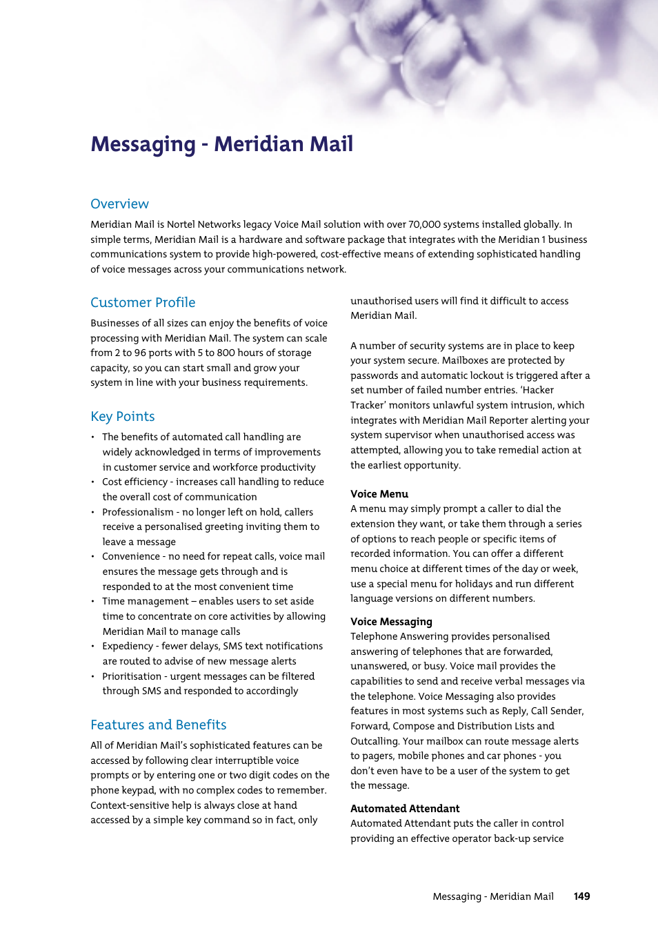 Messaging - meridian mail, Customer profile, Key points | Features and benefits, Overview | Nortel Networks 7400 User Manual | Page 158 / 252