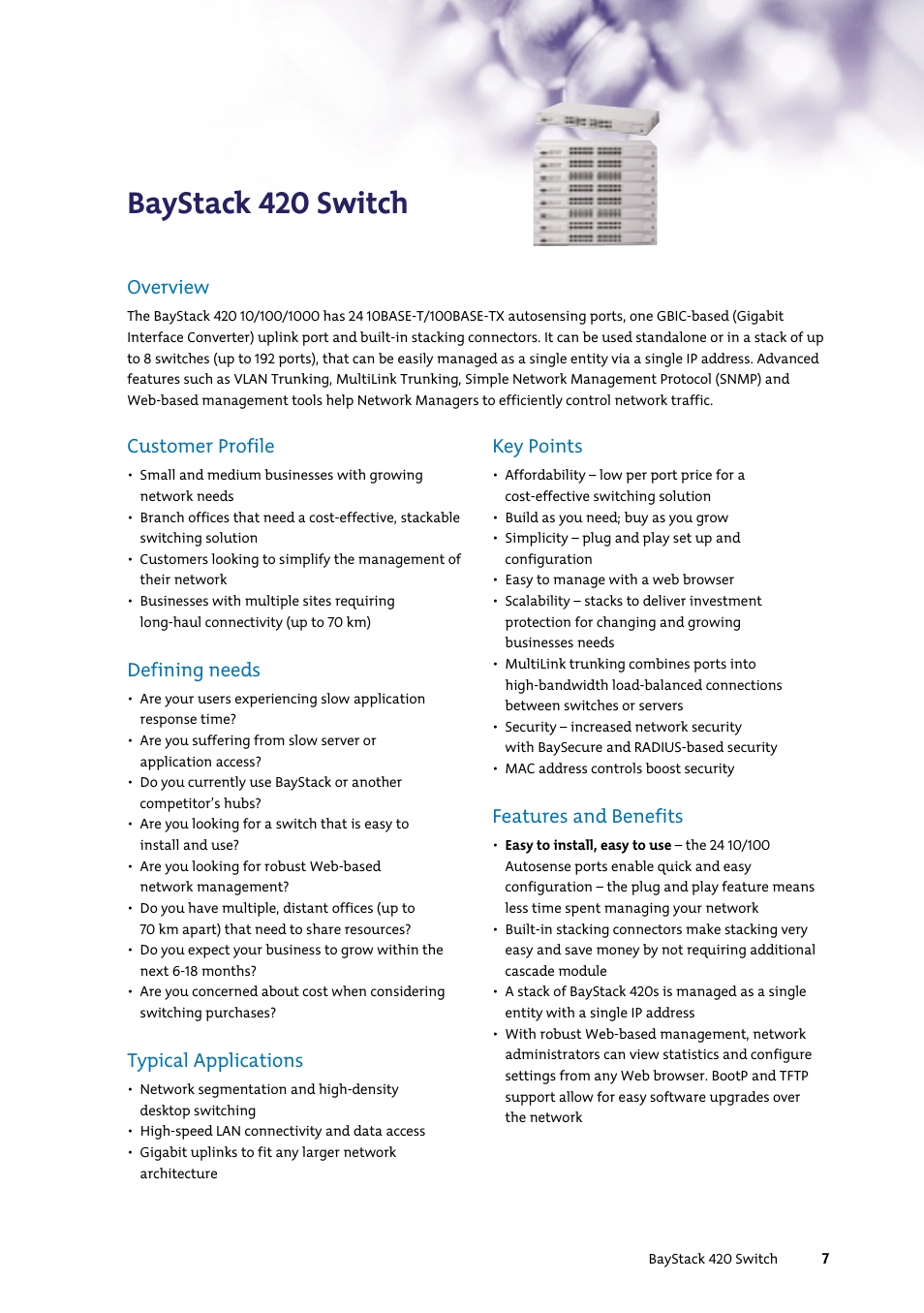 Baystack 420 switch, Overview, Customer profile | Defining needs, Typical applications, Key points, Features and benefits | Nortel Networks 7400 User Manual | Page 16 / 252