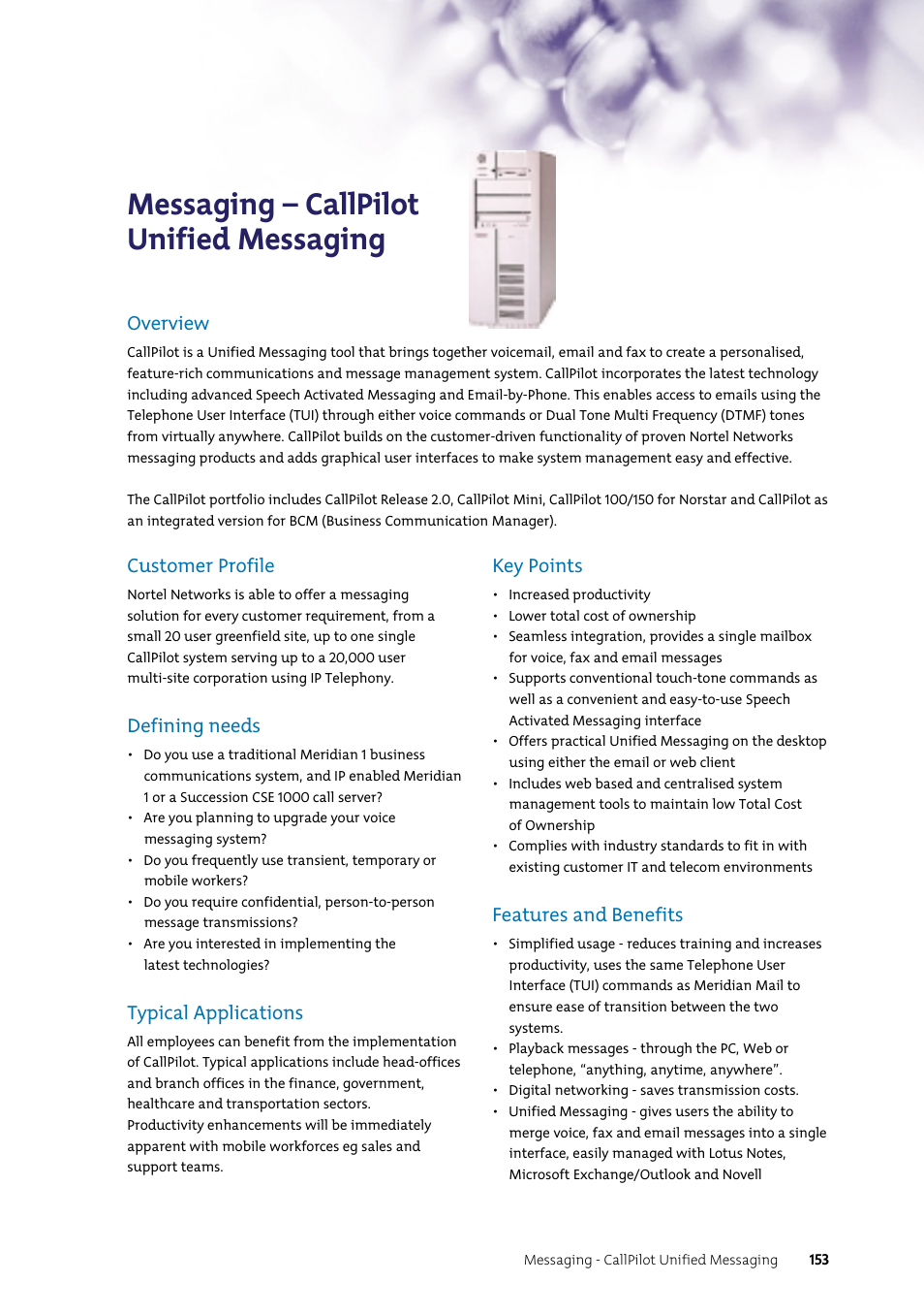 Messaging – callpilot unified messaging, Customer profile, Defining needs | Typical applications, Key points, Features and benefits, Overview | Nortel Networks 7400 User Manual | Page 162 / 252