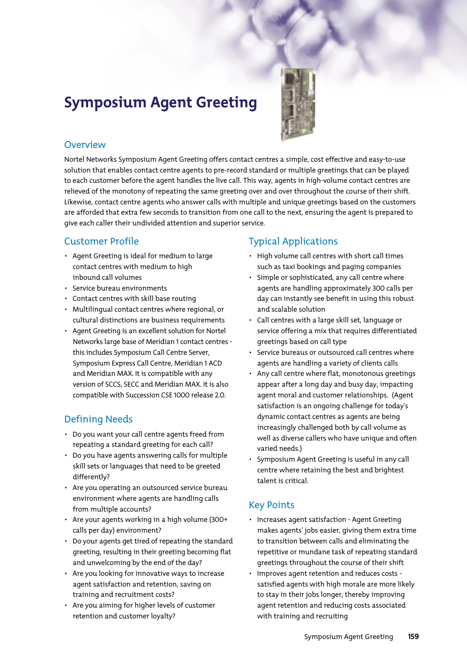 Symposium agent greeting, Overview, Customer profile | Defining needs, Typical applications, Key points | Nortel Networks 7400 User Manual | Page 168 / 252