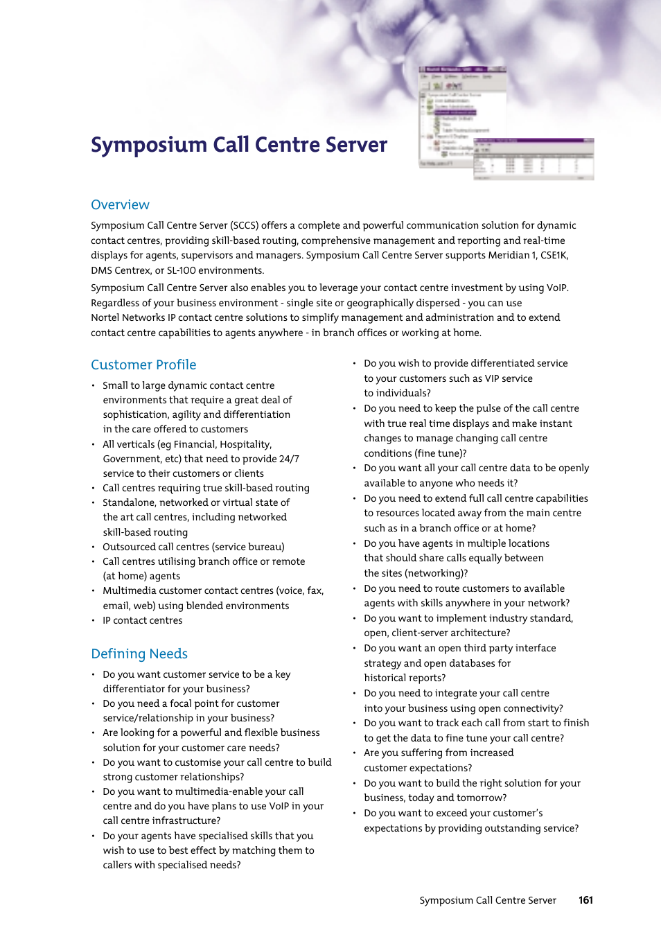 Symposium call centre server, Overview, Customer profile | Defining needs | Nortel Networks 7400 User Manual | Page 170 / 252