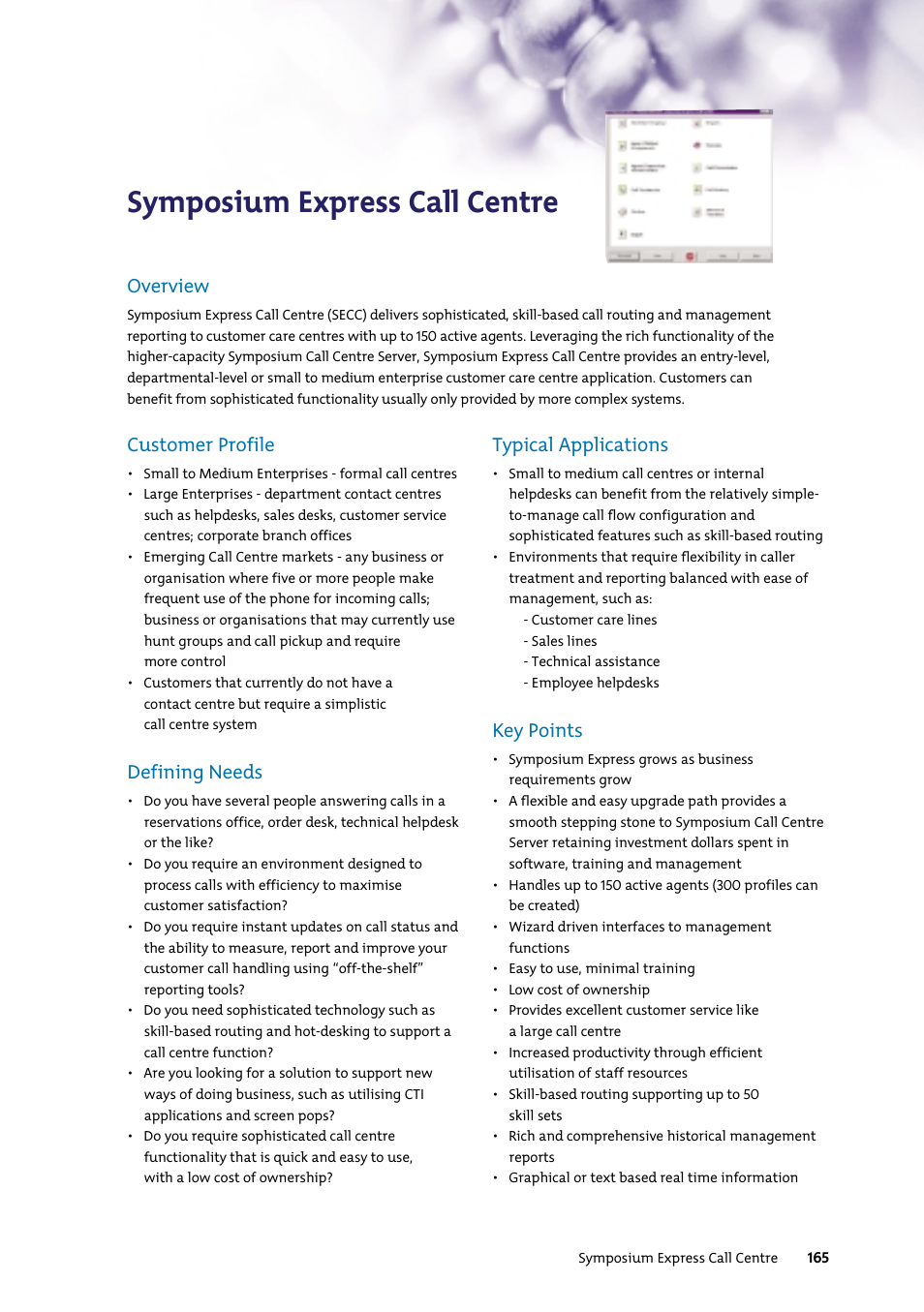 Symposium express call centre, Overview, Customer profile | Defining needs, Typical applications, Key points | Nortel Networks 7400 User Manual | Page 174 / 252