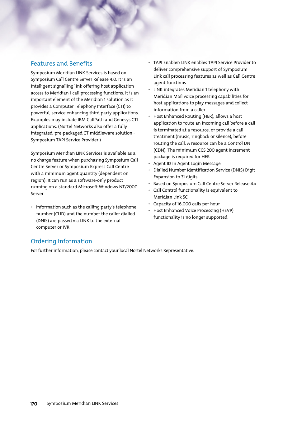 Features and benefits, Ordering information | Nortel Networks 7400 User Manual | Page 179 / 252