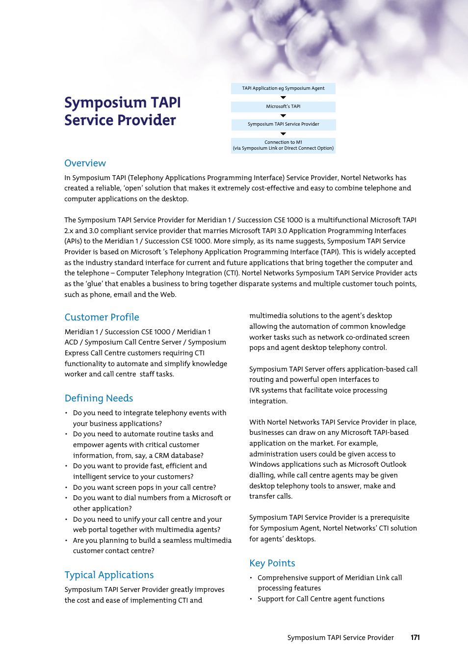 Symposium tapi service provider, Customer profile, Defining needs | Typical applications, Key points, Overview | Nortel Networks 7400 User Manual | Page 180 / 252