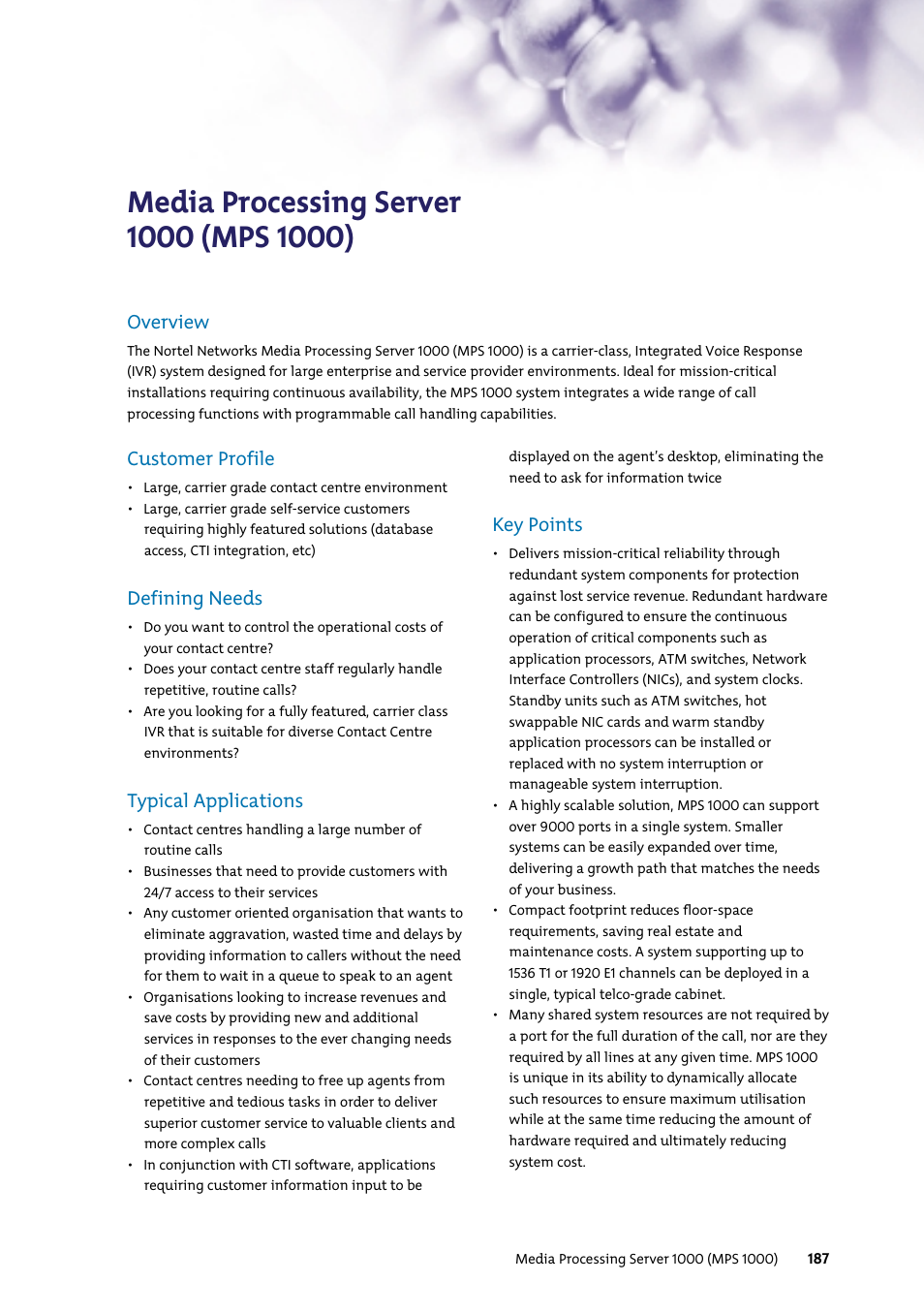 Overview, Customer profile, Defining needs | Typical applications, Key points | Nortel Networks 7400 User Manual | Page 196 / 252