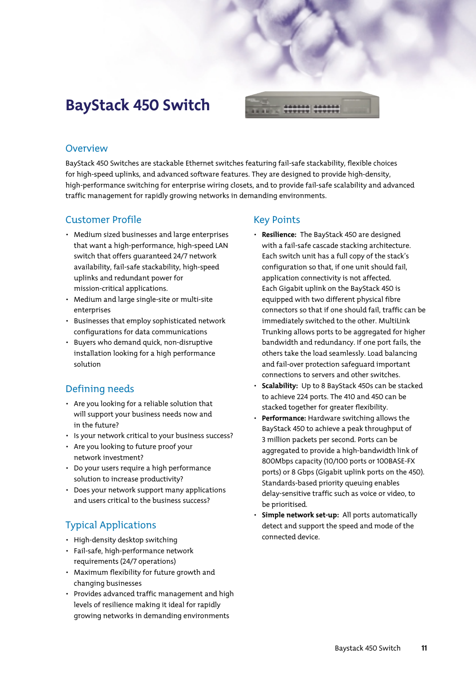 Baystack 450 switch, Customer profile, Defining needs | Typical applications, Key points, Overview | Nortel Networks 7400 User Manual | Page 20 / 252