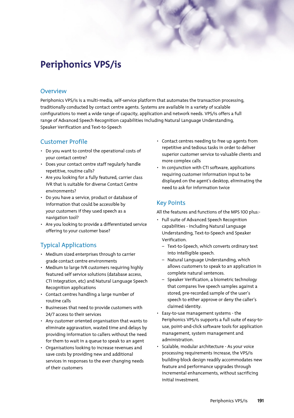 Periphonics vps/is, Customer profile, Typical applications | Key points, Overview | Nortel Networks 7400 User Manual | Page 200 / 252