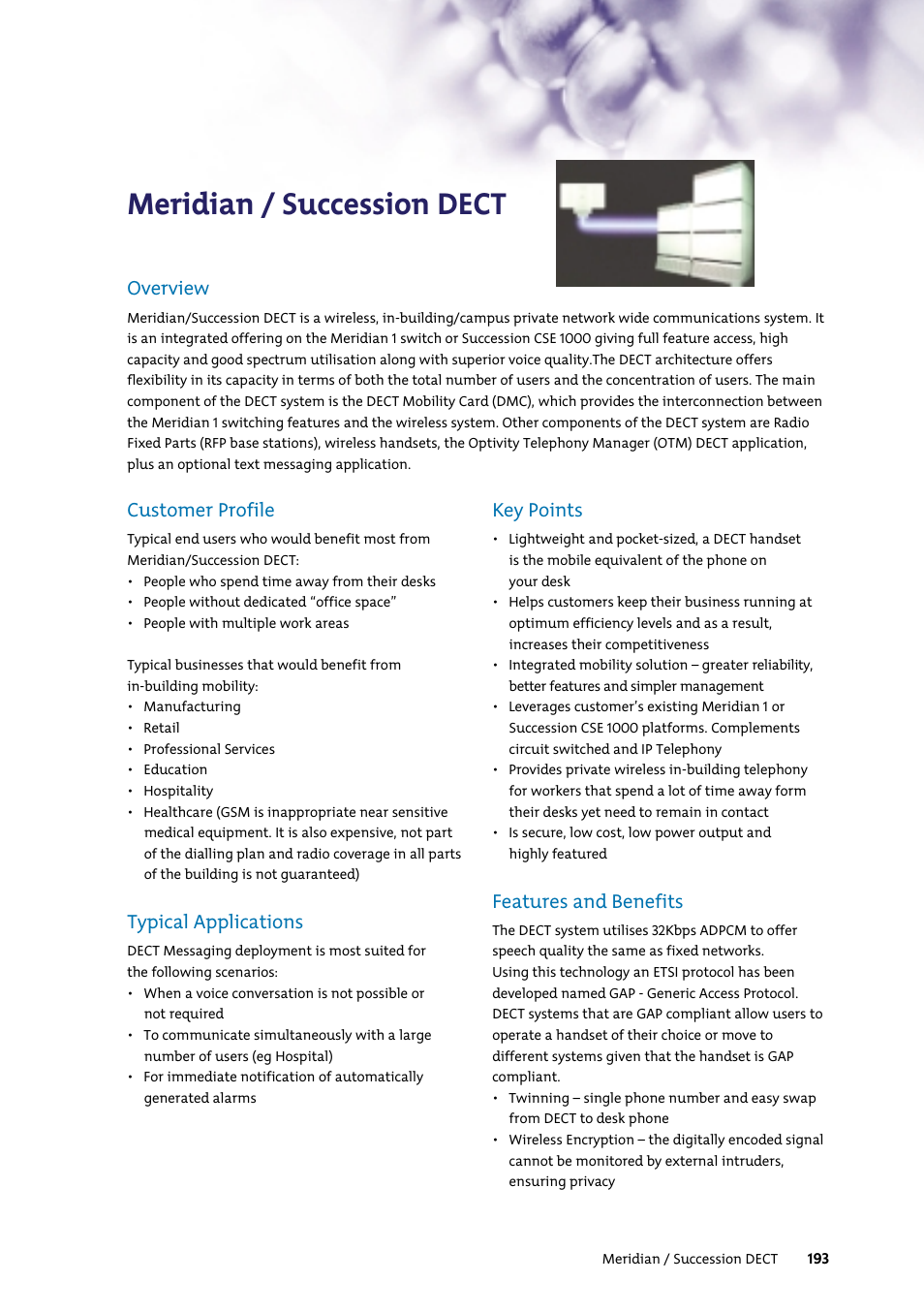 Meridian / succession dect, Customer profile, Typical applications | Key points, Features and benefits, Overview | Nortel Networks 7400 User Manual | Page 202 / 252