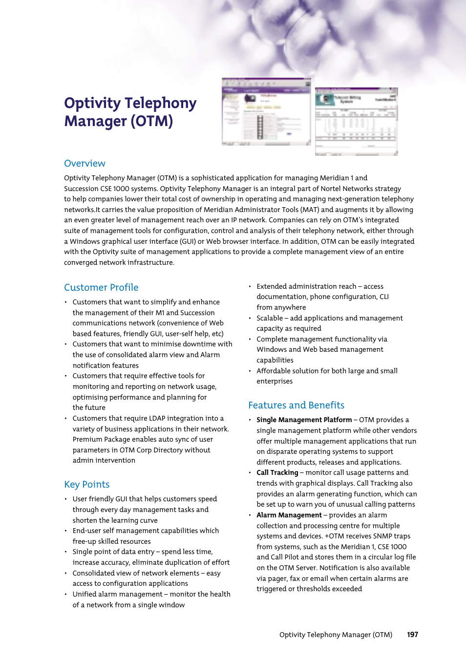 Optivity telephony manager (otm), Customer profile, Key points | Features and benefits, Overview | Nortel Networks 7400 User Manual | Page 206 / 252