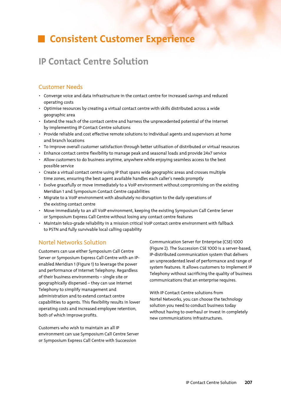 Consistent customer experience, Ip contact centre solution, Customer needs | Nortel networks solution | Nortel Networks 7400 User Manual | Page 216 / 252