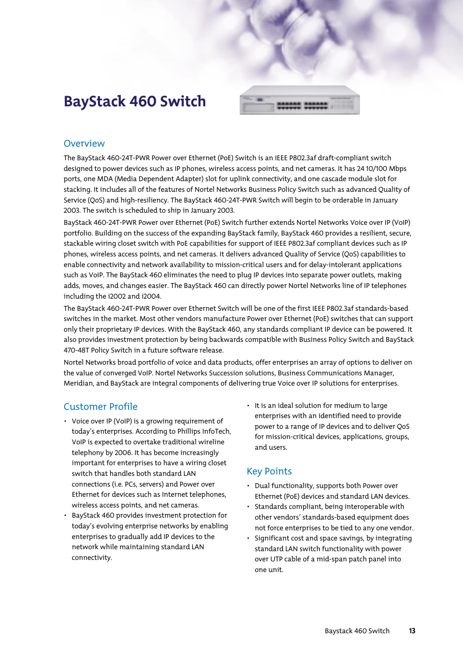 Baystack 460 switch, Customer profile, Key points | Overview | Nortel Networks 7400 User Manual | Page 22 / 252