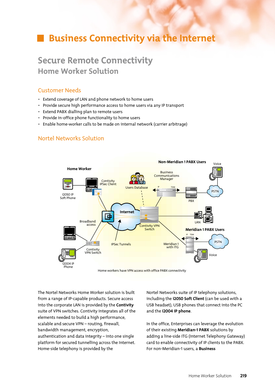 Business connectivity via the internet, Secure remote connectivity, Home worker solution | Customer needs, Nortel networks solution | Nortel Networks 7400 User Manual | Page 228 / 252