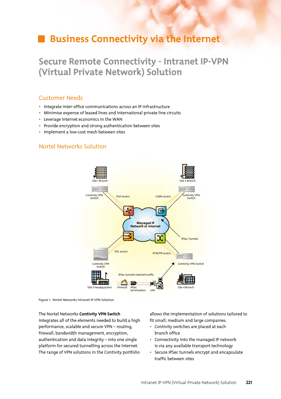 Business connectivity via the internet, Customer needs, Nortel networks solution | Nortel Networks 7400 User Manual | Page 230 / 252