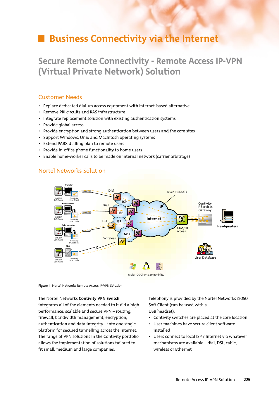 Business connectivity via the internet, Customer needs, Nortel networks solution | Nortel Networks 7400 User Manual | Page 234 / 252